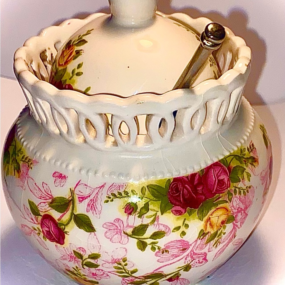 Royal Albert old country roses pierced lidded jam jar with silver spoon